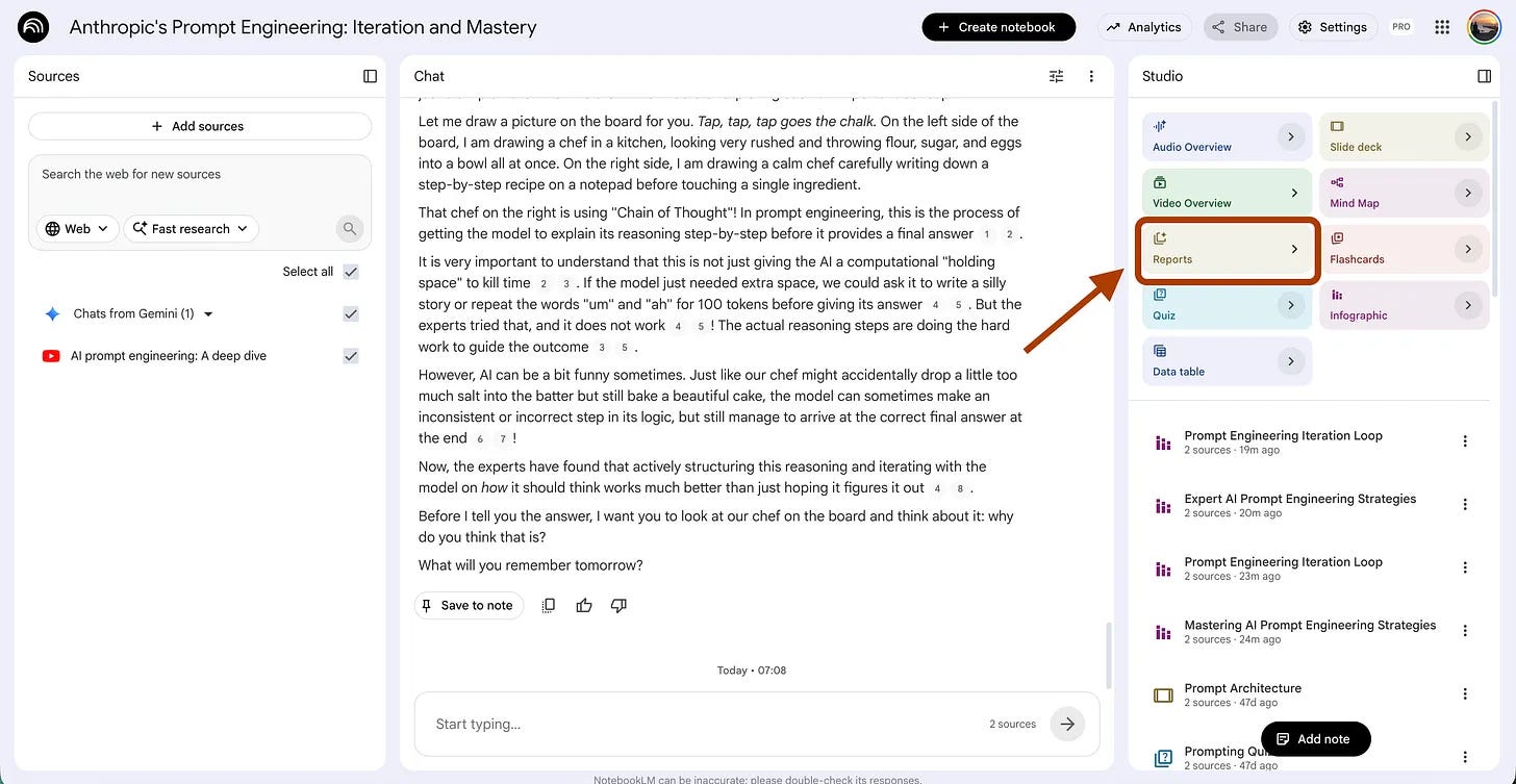 NotebookLM Studio panel with Reports highlighted for the chunking prompt NotebookLM Studio panel with Reports highlighted for the chunking prompt