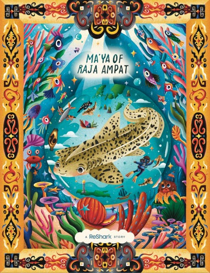 Couverture colorée d'un livre pour enfant représentant un requin léopard dans les fonds marins