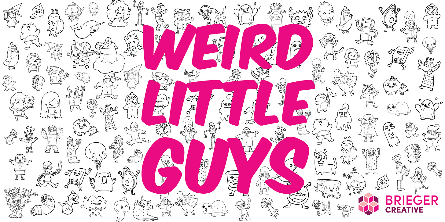 Weird Little Guys Logo, surrounding by dozens of line illustrations of odd characters
