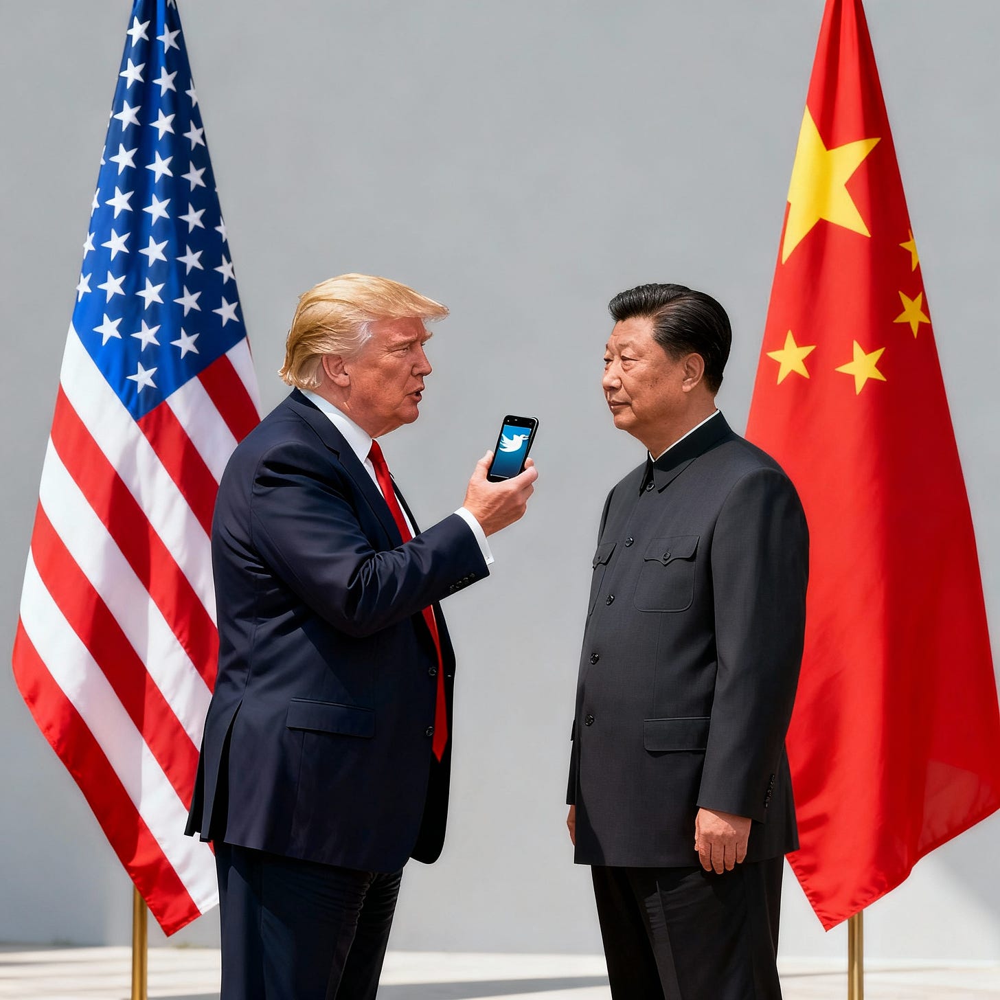 Trump tweets at Xi, American flag by Trump, Chinese flag by Xi.