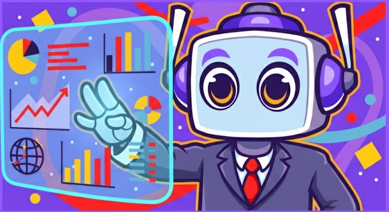A cartoon robot character named Neuralbuddy, wearing a suit and tie, highlighting market trends on a holographic display. The background is a purple gradient with colorful abstract shapes. A cartoon robot character named Neuralbuddy, wearing a suit and tie, highlighting market trends on a holographic display. The background is a purple gradient with colorful abstract shapes.