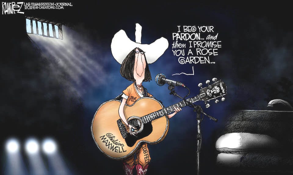 May be a doodle of guitar and text that says 'ASVEGBREVIEN-JOURNAL RNAL EGAS REVLEN- 2026@CREATORS.COM CON I BEG BEGYOUR YOUR PARDON... and then I PROMISE YOUAROSE YOU A ROSE GARDEN... HINHA ቡ MAXWEL MANNGS Ghishine LUBFED X@Ramireztoons The QUIDPROQUOTOUR QUID PRO michaelpramirez.com'