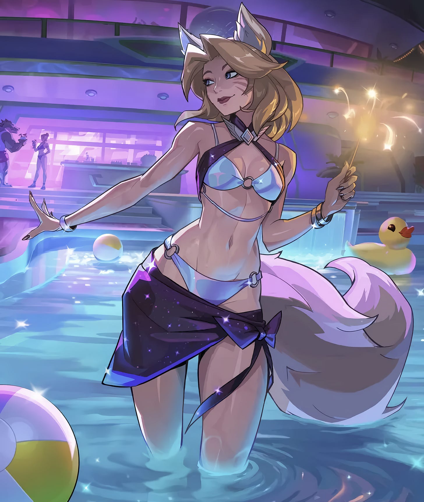 Pool Party Ahri wades through a glowing pool at night, wearing an iridescent white bikini with a dark purple starry sarong tied at her hip. She smiles over her shoulder while holding sparklers, with her fox ears and large tail visible. Behind her are neon-lit yacht-deck windows, partygoers, floating beach balls, a rubber duck float, and purple-blue pool lighting.