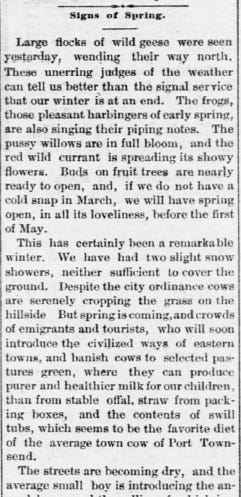 A cropped historical newspaper clipping from The Weekly Argus dated February 28, 1889, describing early spring conditions in Port Townsend.