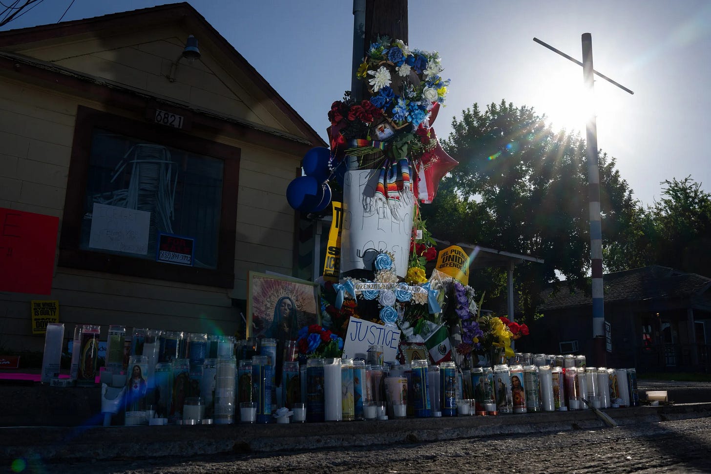 A memorial for Lorenzo Salgado Araujo, who was fatally shot by an immigration officer in Houston. (Photo by Jon Shapley for The Texas Tribune)