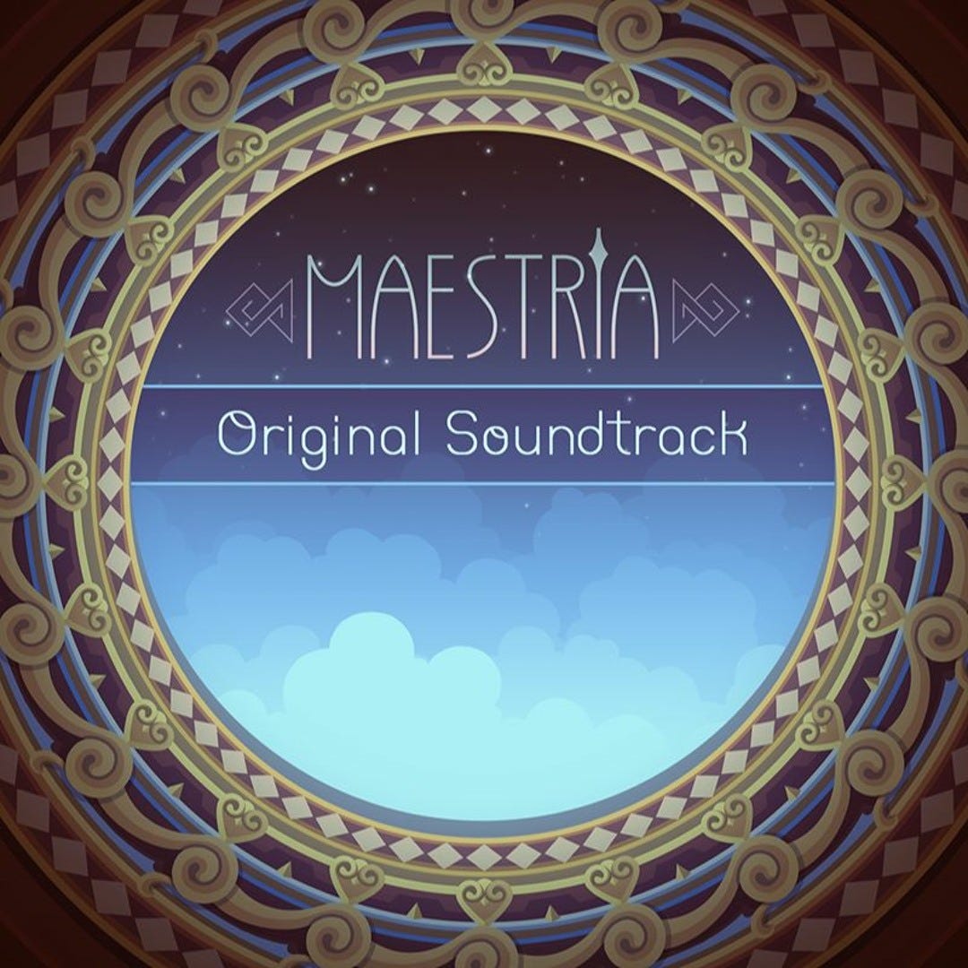 Ornate circular album cover for Maestria Original Soundtrack featuring a starry night sky and clouds in a blue gradient.