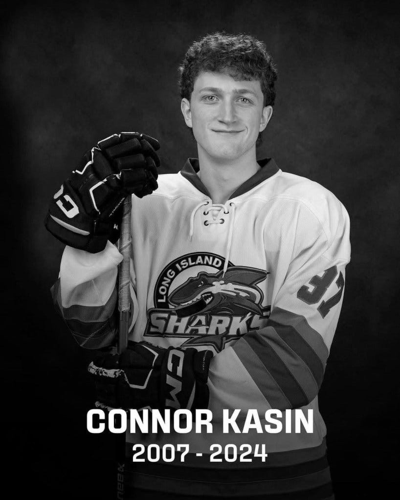 Connor Kasin, a 17-year-old senior at Massapequa High School, suffered a "medical event" and passed out on the ice during an intermission of the hockey game at the Town of Oyster Bay Ice Skating Center in Bethpage at around 9 p.m. on Saturday