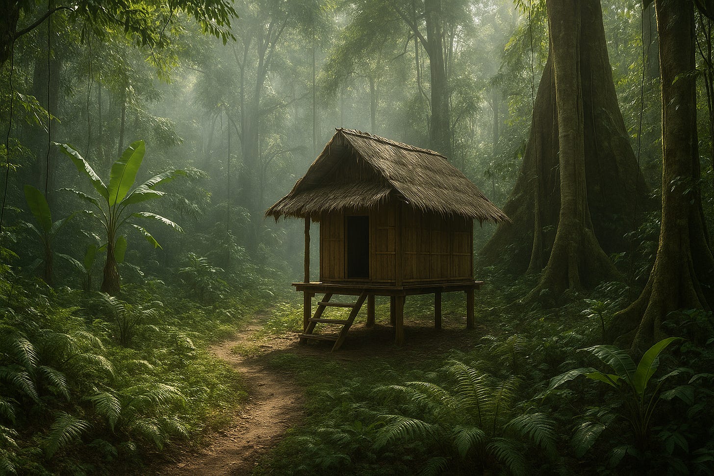hut in the middle of a jungle