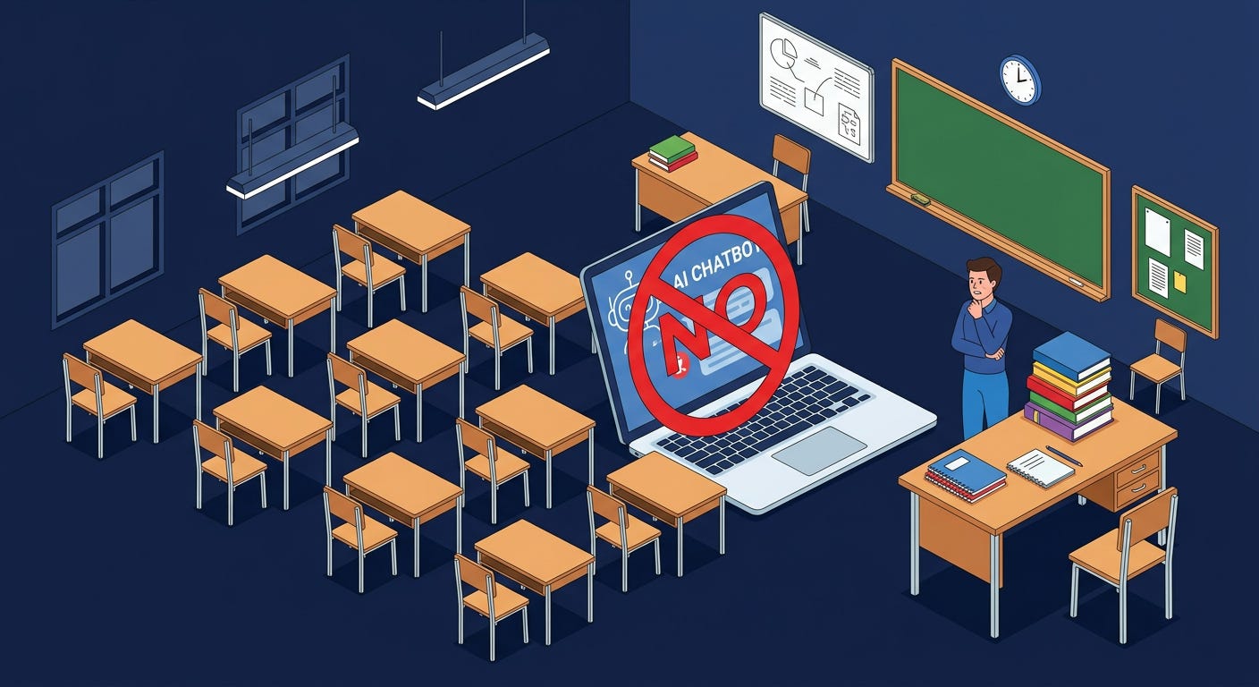 Flat isometric illustration of a school classroom with rows of student desks, a large laptop displaying an AI chatbot behind a red prohibition symbol, teacher standing beside a stack of textbooks and looking toward the screen, dark navy background, clean vector art style, bold red and white accents, modern education technology editorial aesthetic Flat isometric illustration of a school classroom with rows of student desks, a large laptop displaying an AI chatbot behind a red prohibition symbol, teacher standing beside a stack of textbooks and looking toward the screen, dark navy background, clean vector art style, bold red and white accents, modern education technology editorial aesthetic