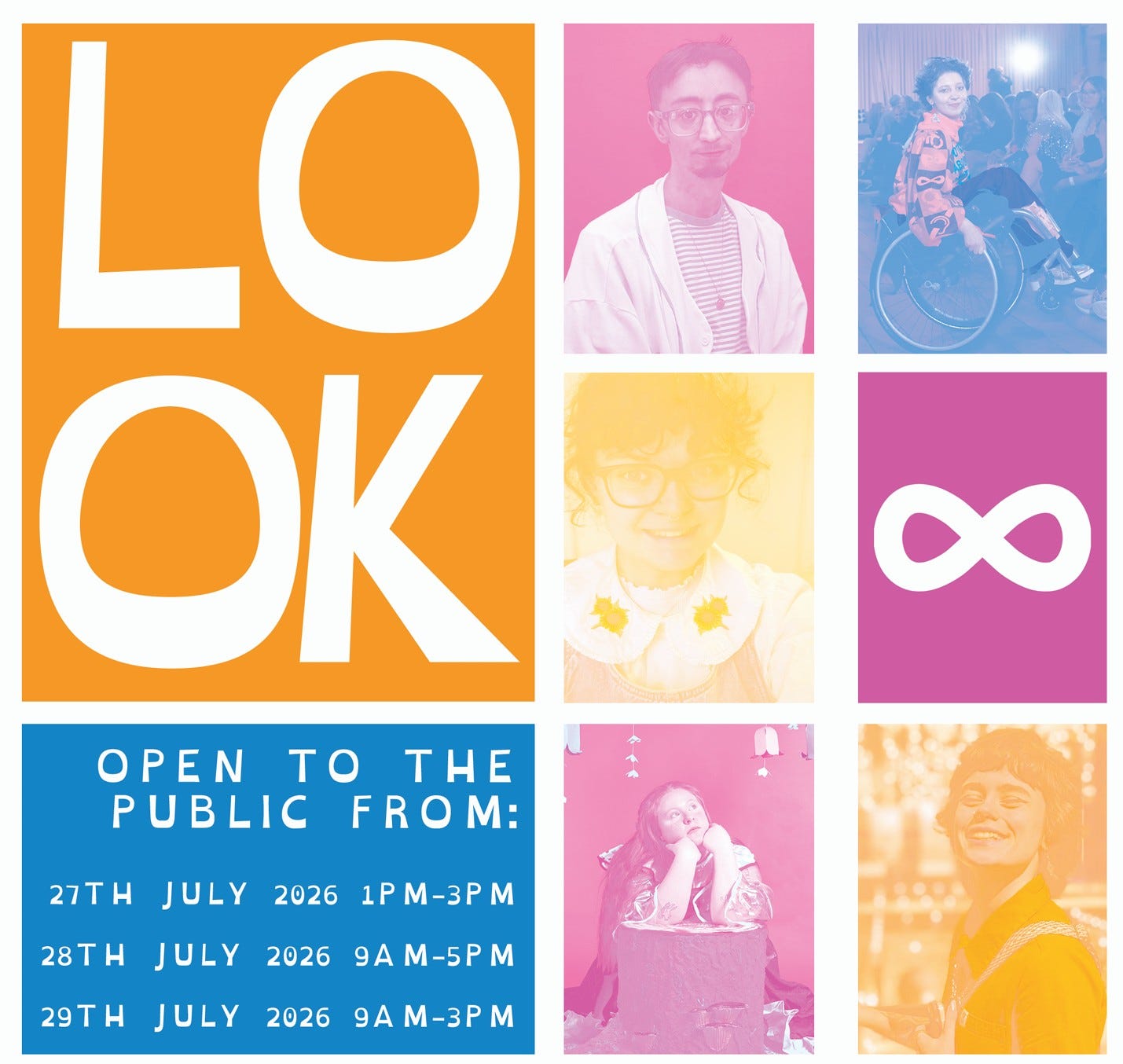 exhibition poster featuring portraits of disabled artists in monochromatic pink, blue and orange