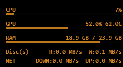 Close-up of a minimal Rainmeter system monitor on a dark background, showing CPU percentage, GPU usage and temperature, RAM consumption, disk read/write rates, and network throughput.
