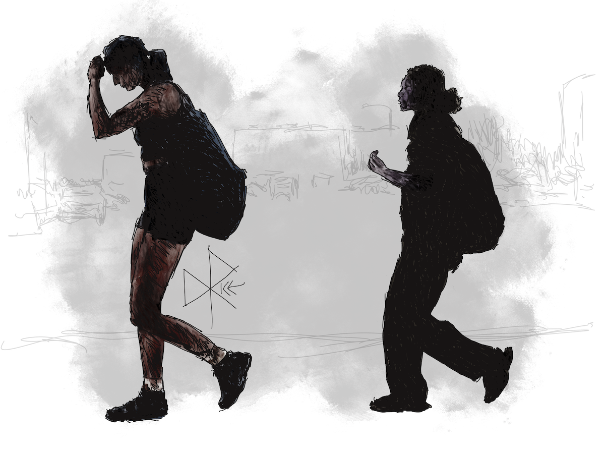 Two people walk through a blazingly sunny parking lot. Sketch art by Don Rice.
