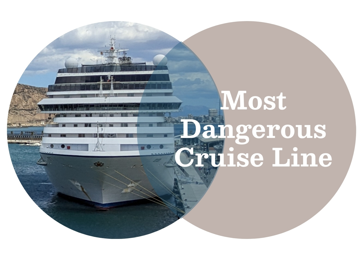 Large, white cruise ship in port facing front, overlaid with a tan circle and the words “Most Dangerous Cruise Line.”