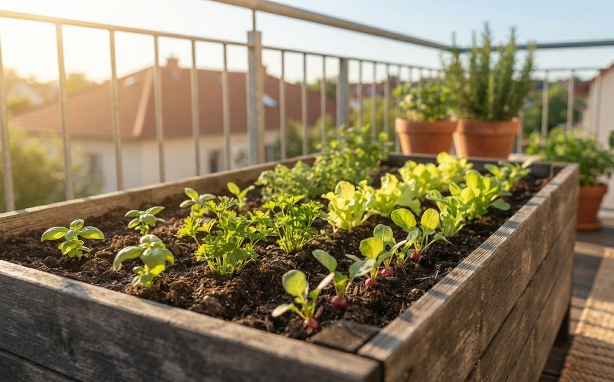 Orto in cassoni sul balcone di casa per coltivare cibi freschi e fare movimento all'aperto. Orto in cassoni sul balcone di casa per coltivare cibi freschi e fare movimento all'aperto.