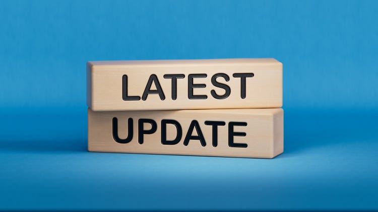 Latest update symbol. Stone wall with words Latest update.Business and Latest update concept. Copy space.3D rendering on blue background.