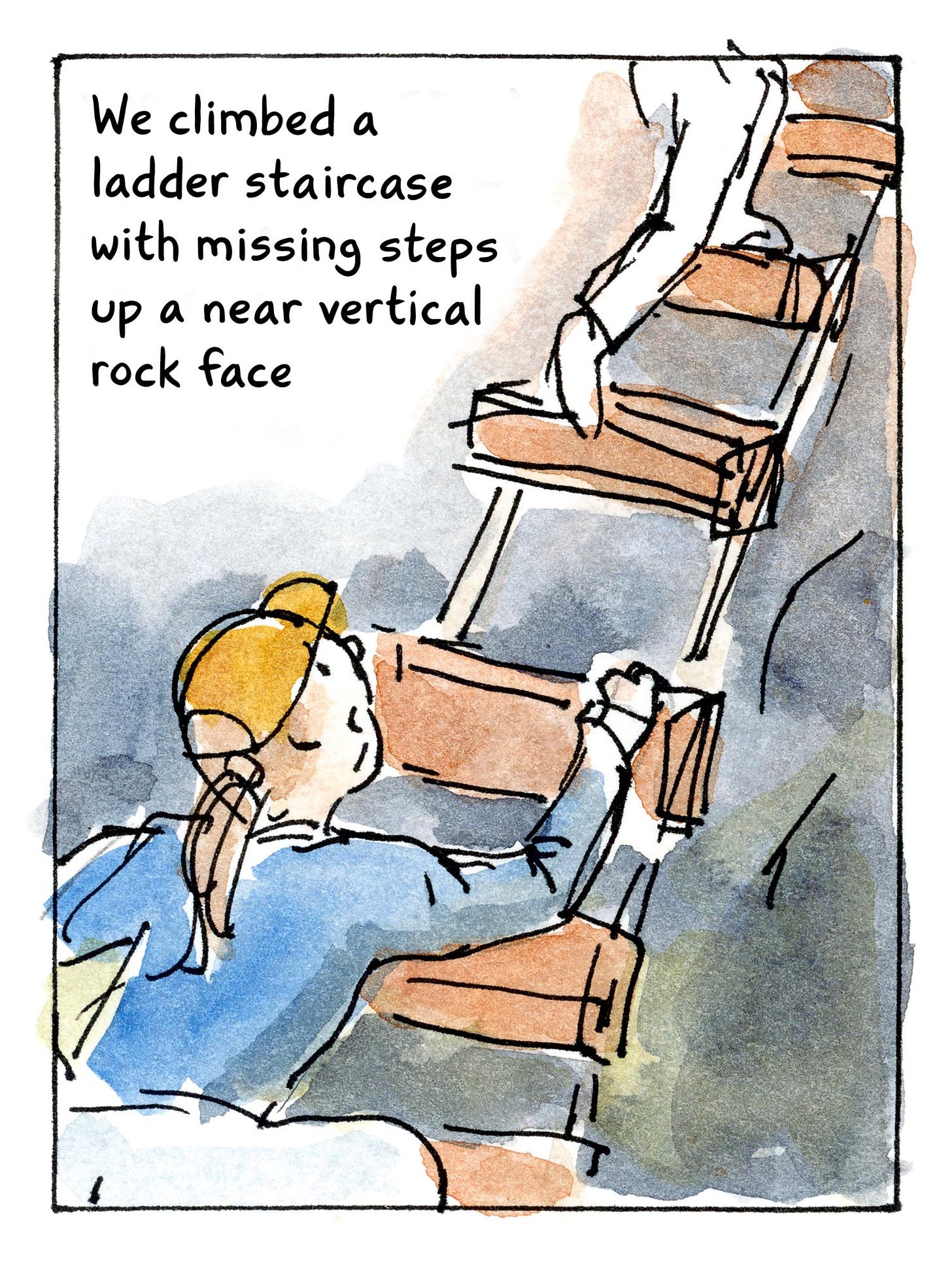K. Woodman-Maynard, watercolor comic, exploring and climbing ladder stair case in Maine. Panel 4 text reads: “ We climbed a ladder staircase with missing steps up a near vertical rock face.”