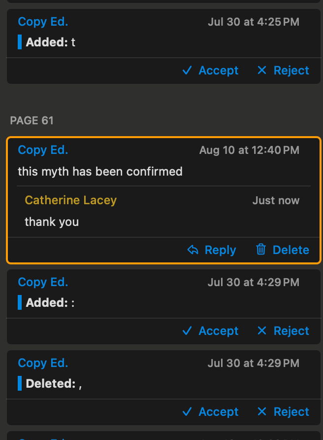 A screenshot from the comments section of a word doc in which a copy editor tells me "This myth has been confirmed."