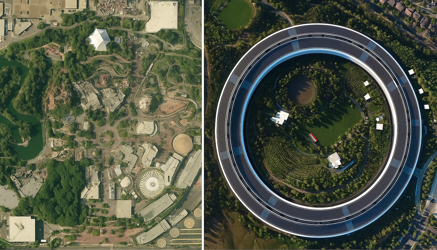 Aerial photos of Disneyland (left) and Apple Park (right). They appear to be roughly the same size and shape, at least in my imagination.