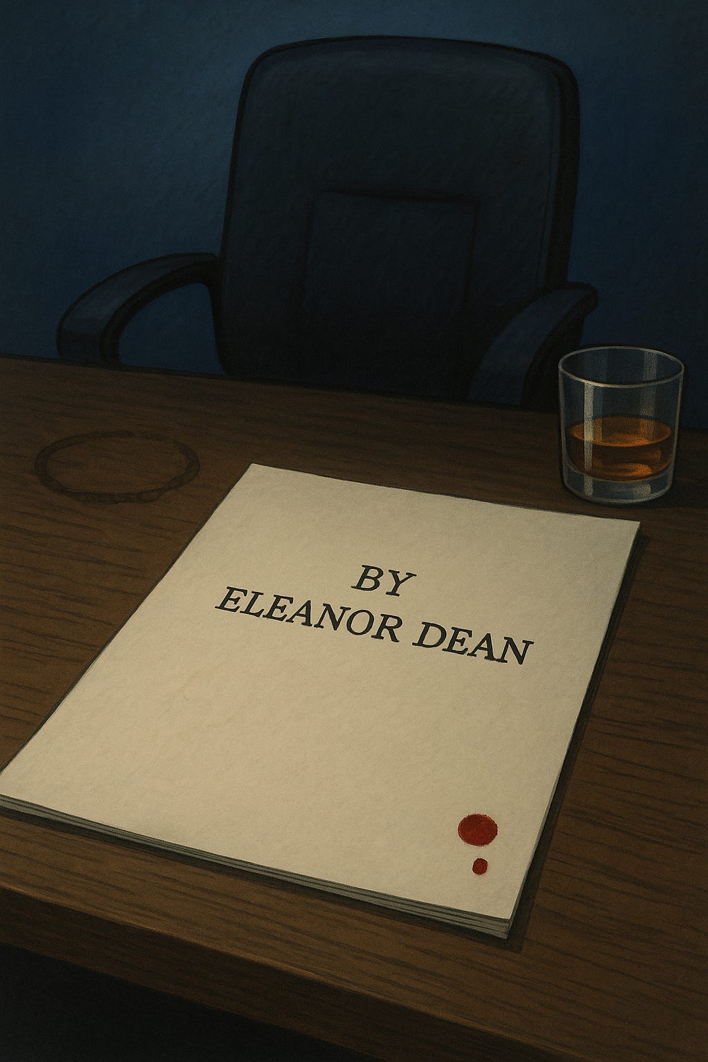 Alt text: A dimly lit writer’s desk holds a stack of typed pages, the top sheet reading “By Eleanor Dean.” A single drop of blood stains the corner of the page beside a half-full glass of scotch. Behind the desk, a high-backed leather office chair glows faintly, outlined in ghostly light. The scene feels quiet, haunted, and filled with guilt.