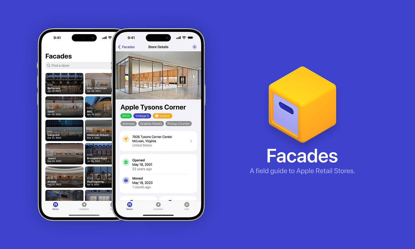 A promotional image for Facades on iPhone. Two overlapping iPhone display the new grid view in Facades and a detail view of Apple Tysons Corner.