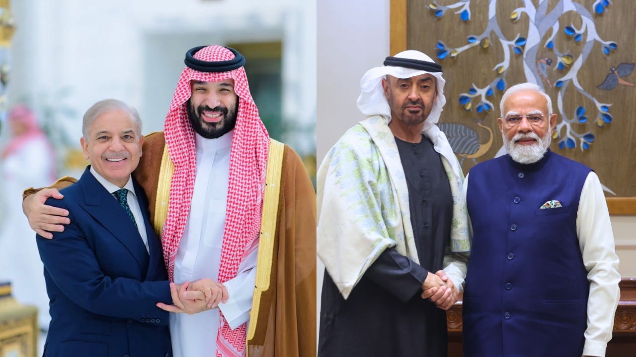 Prime Minister of Pakistan Shehbaz Sharif, Crown Prince and Prime Minister of Saudi Arabia Mohammed bin Salman Al Saud, President of the United Arab Emirates Mohamed bin Zayed Al Nahyan, and Prime Minister of India Narendra Modi.