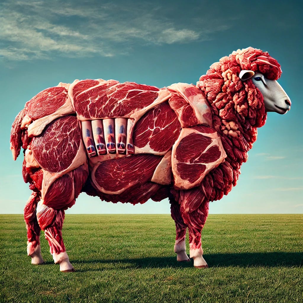 DALL·E 2024-08-24 10.47.18 - A surreal and imaginative image of a sheep made entirely out of beef. The sheep's wool is replaced with layers of beef cuts, including steaks and ribs.
