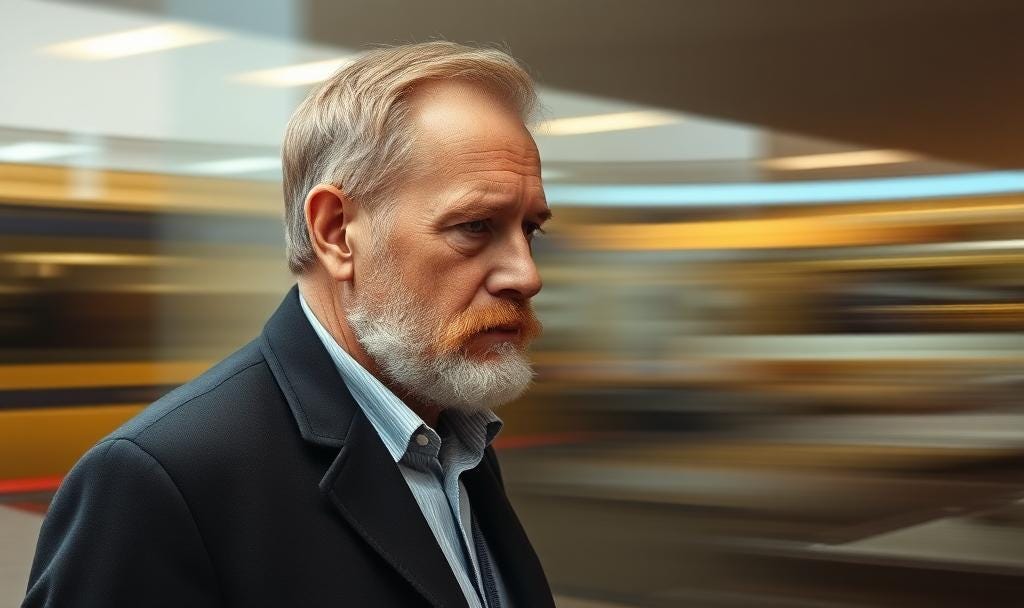 A man in deep thought in front of a colorful blurred background