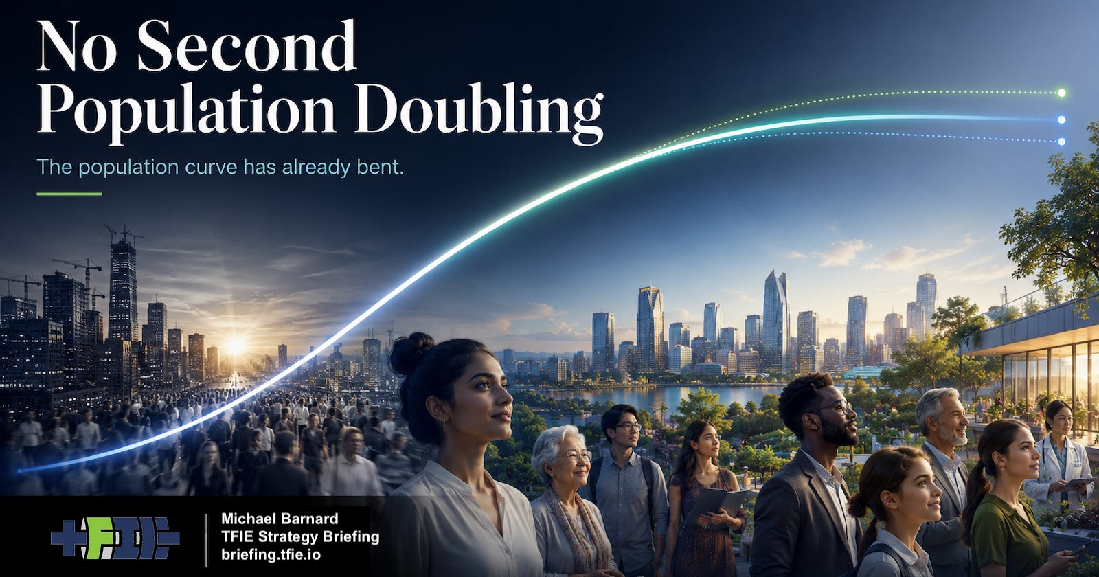 Hero graphic showing a rising population curve bending toward a plateau over a city scene.
