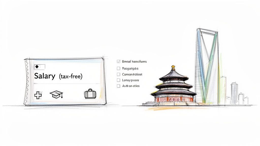 Sketch illustrating tax-free salary and job benefits alongside iconic Chinese architecture like the Temple of Heaven and modern skyscrapers. Sketch illustrating tax-free salary and job benefits alongside iconic Chinese architecture like the Temple of Heaven and modern skyscrapers.