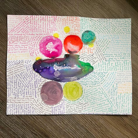 an abstract watercolor painting with all white space filled with colorful handwriting