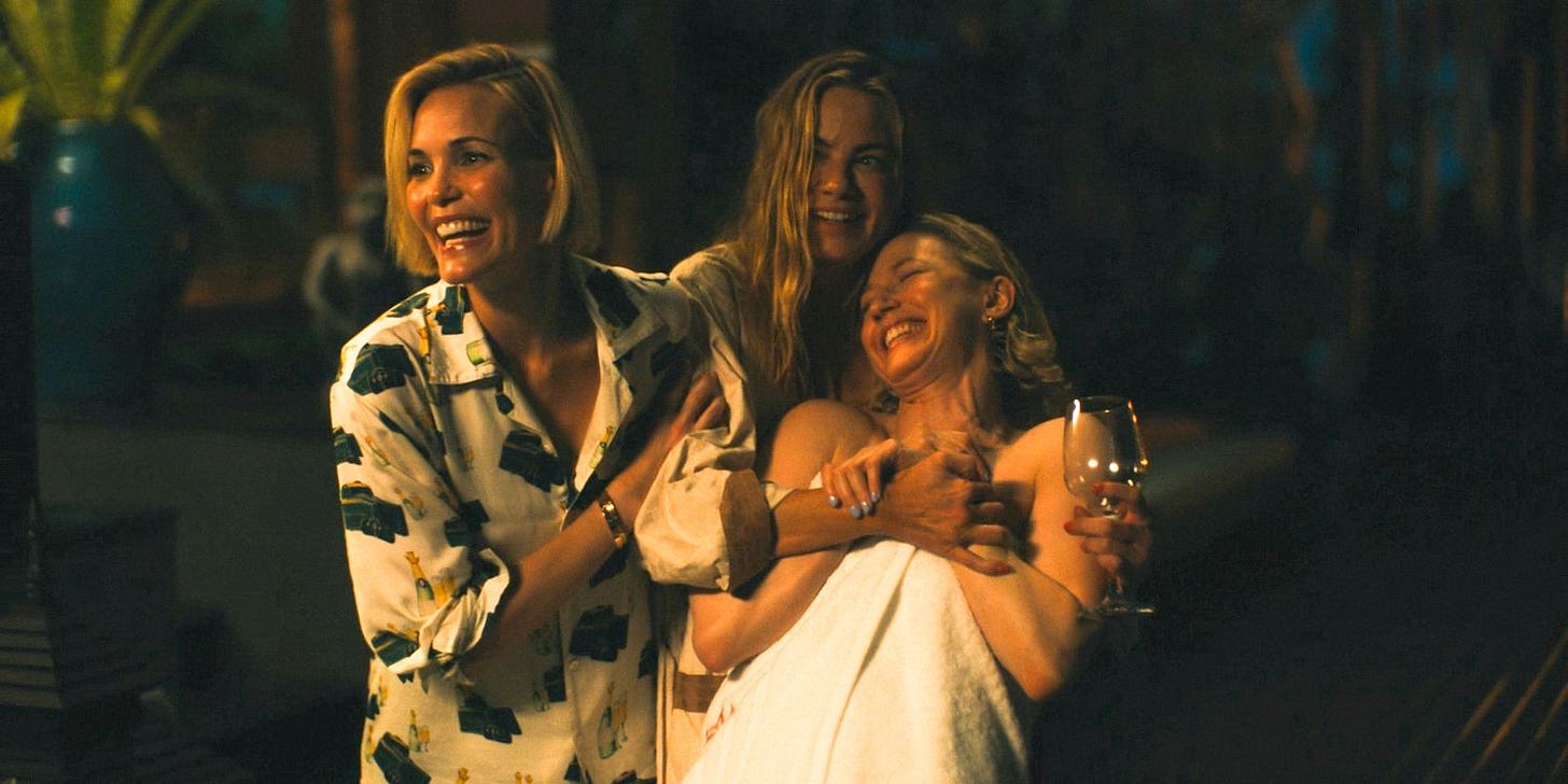 Kate, Jaclyn and Laurie drunk and smiling brightly in The White Lotus Season 3 Ep 5