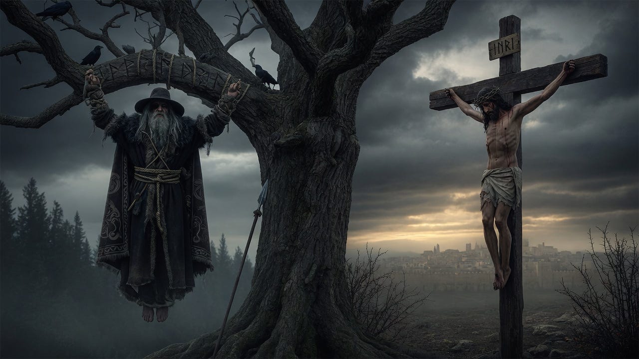 Generate an image of Odin on the tree on one side and Christ on the cross on the other Generate an image of Odin on the tree on one side and Christ on the cross on the other