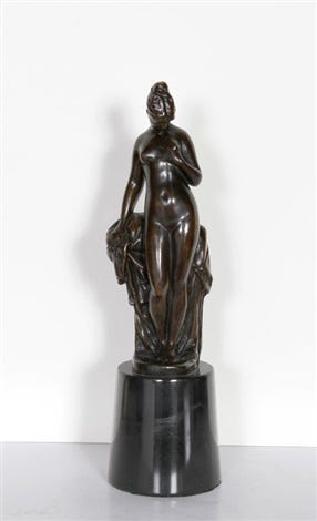 A bronze sculpture of a nude woman standing upright on a dark, polished cylindrical base. Her weight rests slightly on one leg, creating a gentle curve in her hips. One arm rests by her side while the other is raised to her chest. A draped veil or cloth cascades down behind her from her left hand, adding subtle movement and texture. The figure is finely detailed, with smooth, stylized contours and a classical pose. The background is plain white, emphasizing the sculpture’s dark patina and form.