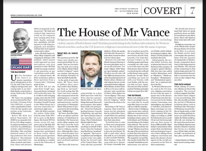 Magazine cover page titled The House of Mr Vance with subtitle discussing JD Vances comments on his wife Ushas Hindu background and interfaith family dynamics in US politics. Includes portrait photo of JD Vance in suit on the left side and portrait of Usha Vance on the right side. Article text excerpts cover religious influences societal impacts and family raising in diverse faiths. Published in Sunday Guardian with authors name Avatans Kumar visible.