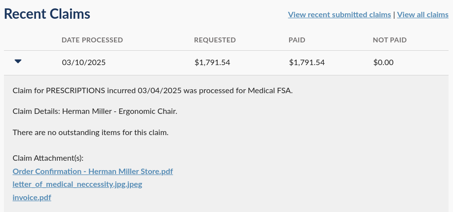 Screen capture showing claim paid.