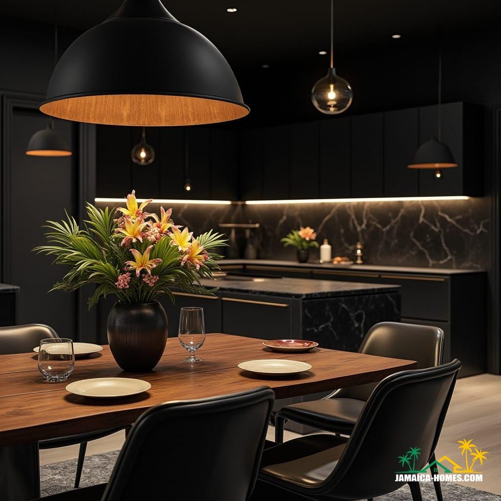 The kitchen and dining area: A high-end modern kitchen with dark marble countertops, black cabinetry, and Gothic-style hanging lights. A sleek dining table with polished wood and steel accents is set for a meal, with a vase of tropical flowers as the centerpiece.