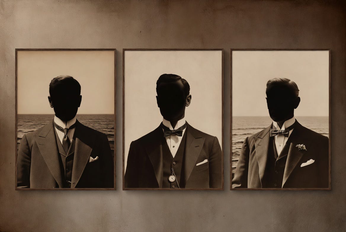 Three sepia-toned silhouetted portrait frames side by side in early 1900s formal style, ocean horizon visible behind each figure
