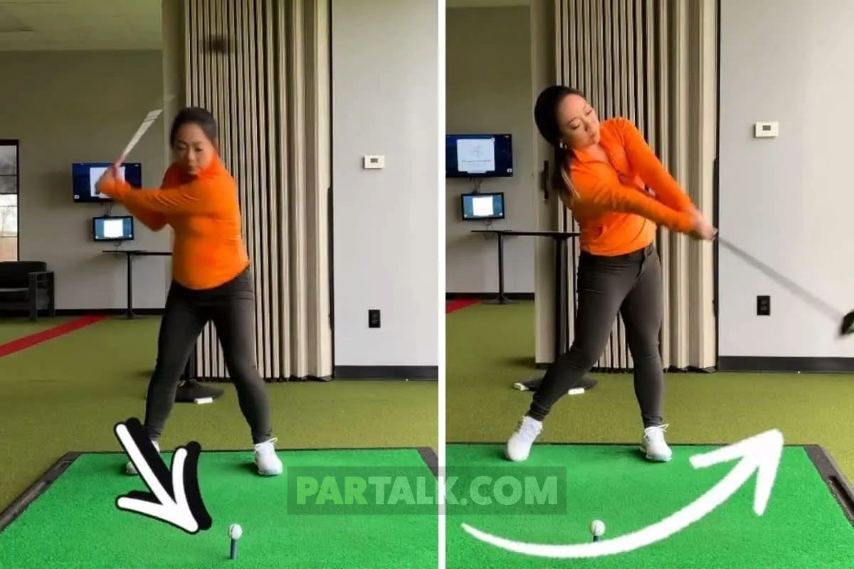 A woman in an orange top demonstrates two stages of a golf swing indoors—on the left, she’s mid-backswing; on the right, she’s in her follow-through after impact, with motion arrows highlighting movement.