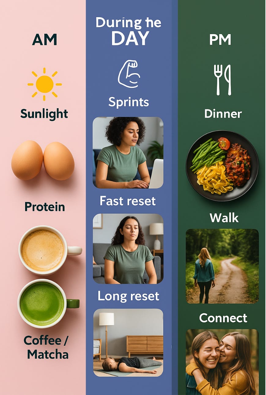 Three-column infographic: AM sunlight, protein, coffee later; Day sprints with short/long resets; PM dinner, 10-min post-meal walk, connection.