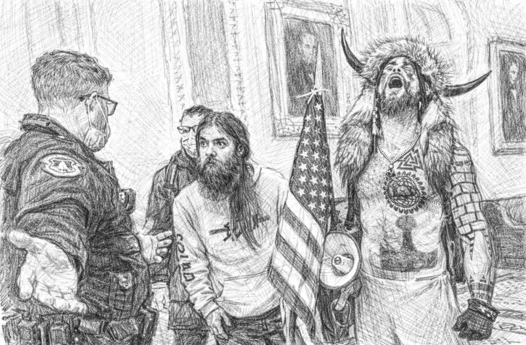 Black-and-white pencil sketch of a Capitol Police officer speaking with rioters inside the U.S. Capitol on January 6, 2021, with an American flag visible. Black-and-white pencil sketch of a Capitol Police officer speaking with rioters inside the U.S. Capitol on January 6, 2021, with an American flag visible.