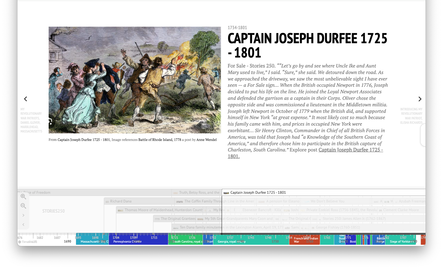 A screenshot from Projectkin's Stories250 timeline at Projectkin.org/stories250-timeline