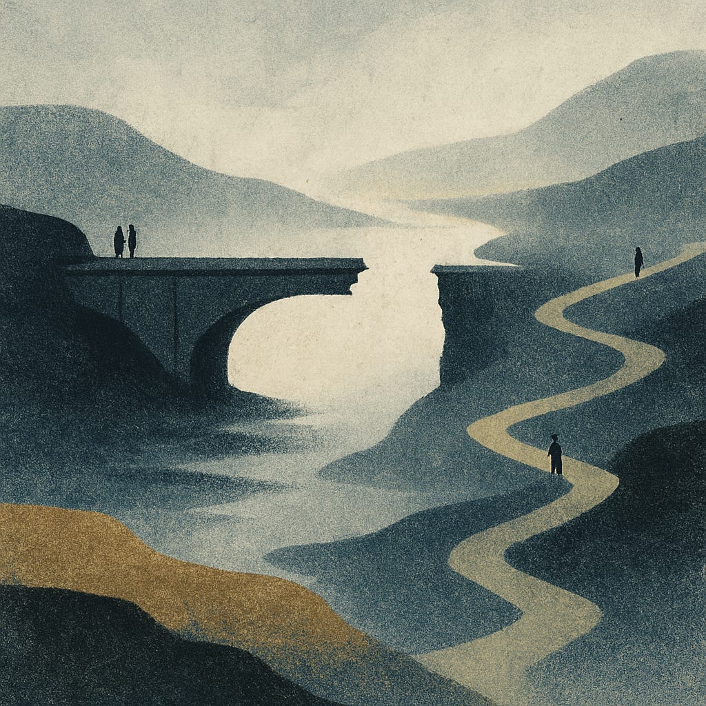 A minimalist abstract illustration of a broken bridge spanning a chasm, with small silhouetted figures on either side and diverging paths winding through a layered, shadowed landscape in muted blues, greys, and ochre.