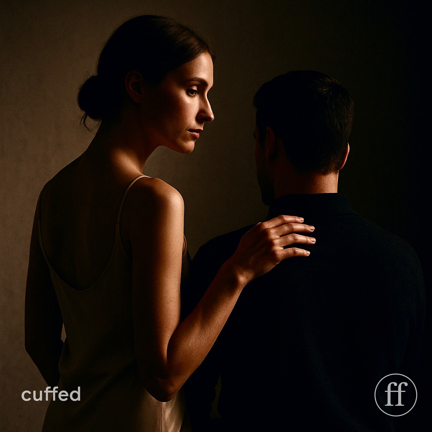 alt text: intimate cinematic photograph in daphne’s palette — pearl-toned background, warm chiaroscuro lighting. daphne stands in a champagne slip, her hand resting on the author’s shoulder as he sits in shadow, face hidden. her gaze is poised, restrained, and charged with tension. lowercase wine serif font reserved for overlay, fused “ff” logo bottom-right in wine. mood: trust, intimacy, vulnerability, restraint. seo tags: cuffed cover art, masculine intimacy, prostate taboo, ego and trust, moody couple photography.