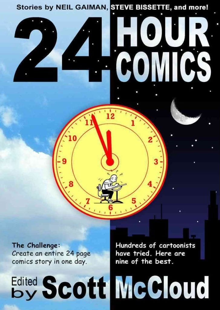 The cover of 24-Hour Comics anthology. A man drawing against the clock.