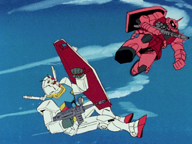 Anime fight scene from Mobile Suit Gundam, two giant robots fighting each other in the sky Anime fight scene from Mobile Suit Gundam, two giant robots fighting each other in the sky
