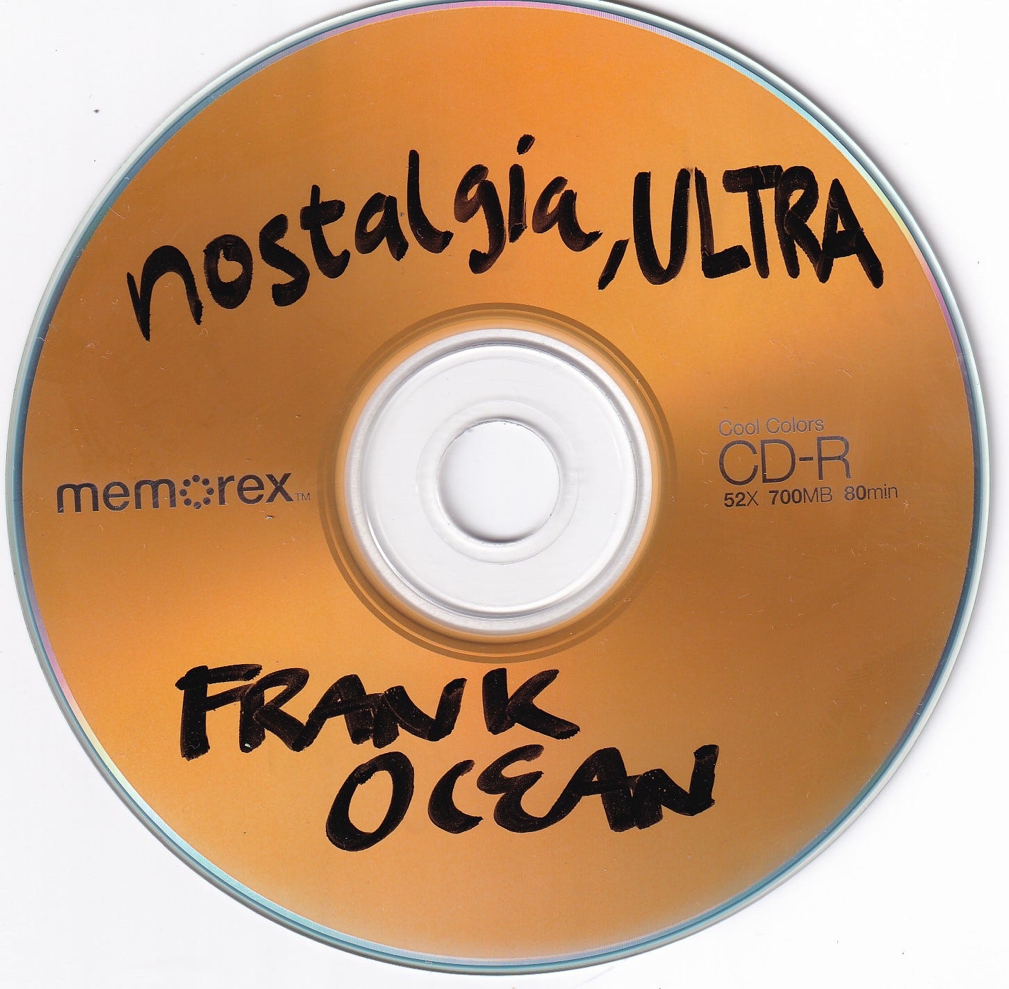 a yellow CD with the text nostalgia, ULTRA and Frank Ocean on it. a yellow CD with the text nostalgia, ULTRA and Frank Ocean on it.