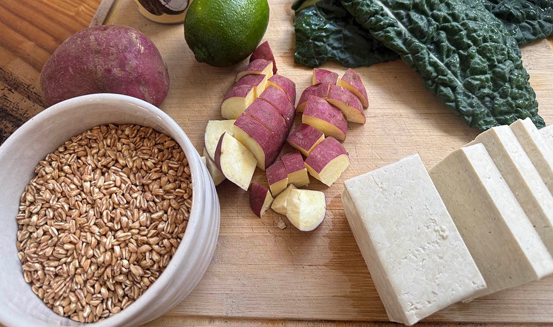 Sheet-Pan Purple Sweet Potato & Tofu Bowl with Farro and Kale