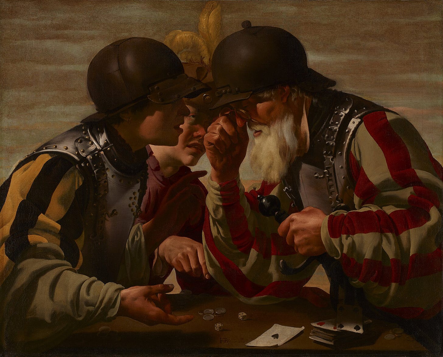 An old soldier with a lens and a younger soldier lean over dice, cards and coins while a youth in a feathered cap points An old soldier with a lens and a younger soldier lean over dice, cards and coins while a youth in a feathered cap points