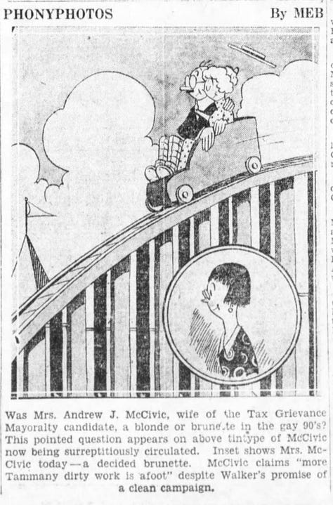 Images show a series of cartoons from the Brooklyn Daily Eagle featuring a civic worker named Andrew J. McCivic.
