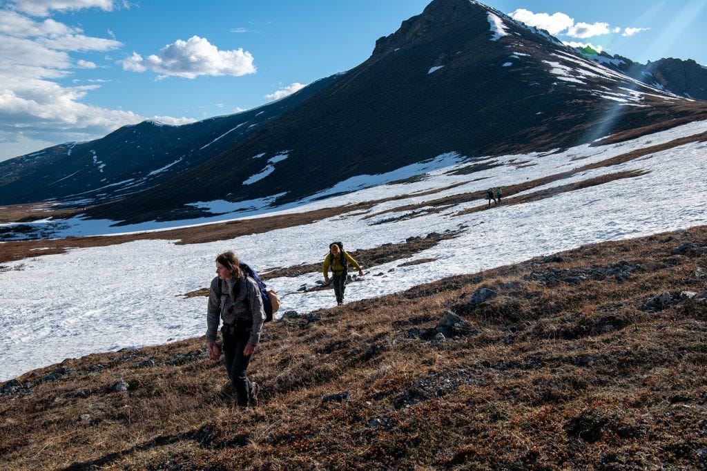 Two hikers climb a tundra slope broken by snowfields toward a dark peak in low evening light, a third hiker a small speck on the snow behind them.